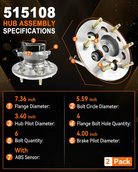 2 Pack Front Wheel Bearing Hub Assembly 515108 Fits Chevy Colorado 2004-2008 And GMC Canyon 2004-2008 With ABS 6 Lug Replacement Wheel Hub For Isuzu I-370 2007-2008 specifications diagram