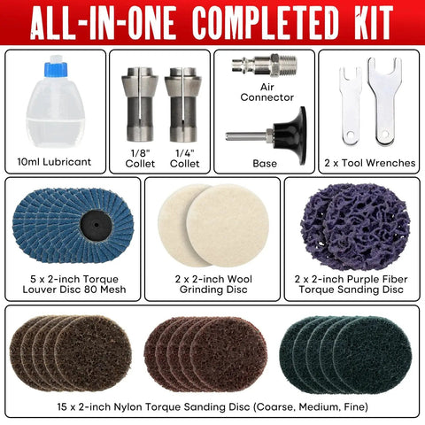 Right Angle Die Grinder Kit With 90 Degree Head 1/4 Inch And 1/8 Inch Collets 24 Sanding Discs Air Connector Lubricant And Chuck Keys Included 20,000 RPM Kit components shown.