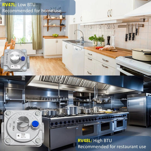 Kitchen setup with RV48L Natural Gas Regulator For Awoco Gas Ranges, showcasing home and restaurant environments, durable and CSA certified.