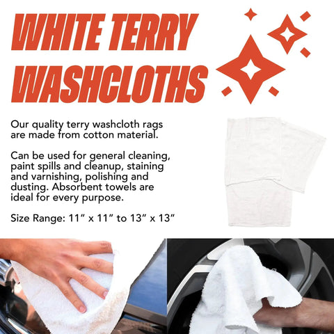 Heavy Duty Terry Cloth Rags For Cleaning, Absorbent Quick Dry Bar Mops, Washable Cotton Blend Wipes, Multi Purpose Rags For Kitchen, Auto Shop And Garage, 5 Lb White Pack For Messes Of Any Size shown with text and cleaning examples