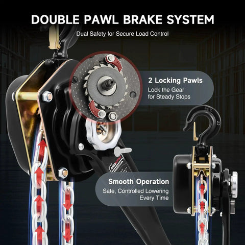 Close-up of 3 Ton Manual Lever Chain Hoist With 10 Ft Lift G80 Chain Swivel Hooks Heavy Duty, featuring double pawl brake system.