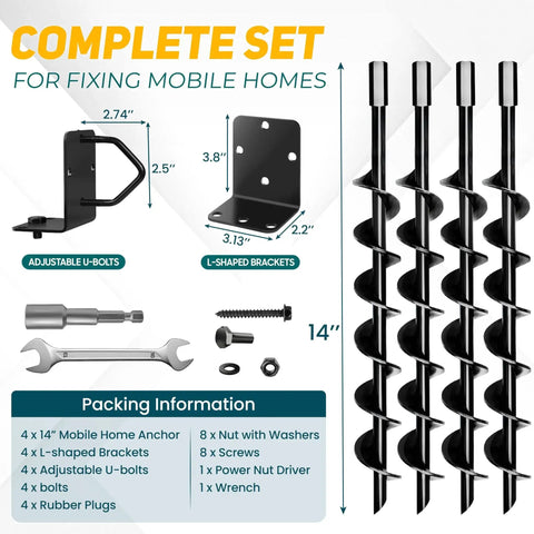14 Inch Full Spiral Blade Mobile Home Ground Anchor Kit 4 Pack with U-bolts, L-shaped brackets, and power nut driver.