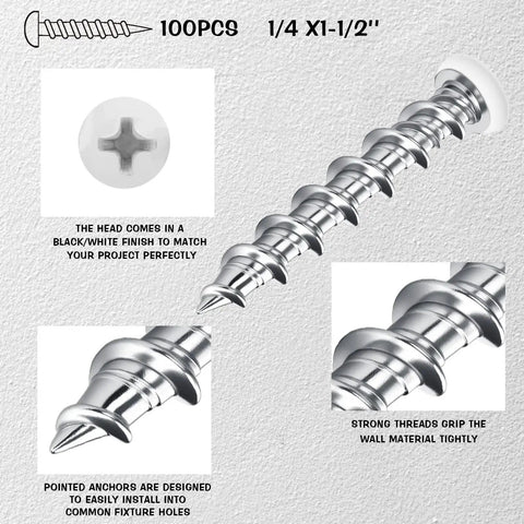 100 Pack White Drywall Anchors 1/4 X 1-1/2 Inch Pan Head Alloy Steel Self Drilling Wall Anchors with close-up on threading and tip.