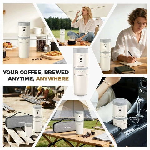 Collage of All In One Portable Coffee Maker with Built In Burr Grinder and Pour Over Filter for travel, car, camping, and home use