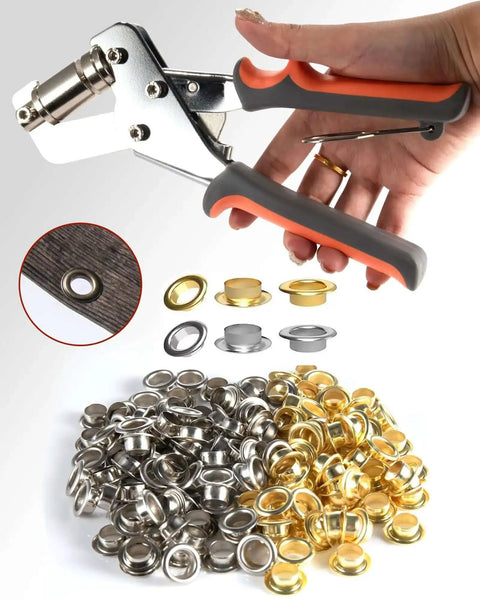 Pro Grade Grommet Kit With Hammer And Bag Includes 200 10mm And 300 6mm Grommets Two Hole Puncher And Eyelet Tool close-up image