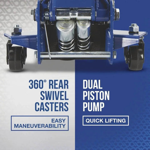 Long Reach Low Profile Floor Jack For Low Clearance Cars, 3 Ton Capacity, dual piston pump view with swivel casters