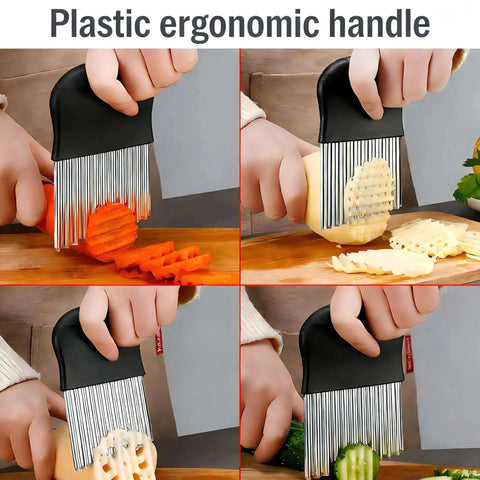 French Fry Slicer With Large Crinkle Cutter For Perfect Fries And Veggie Slices, Stainless Steel Wavy Knife Tool For Potatoes Fruits And More, Heavy Duty Kitchen Gadget That Makes Prep Fast And Fun in use cutting vegetables.