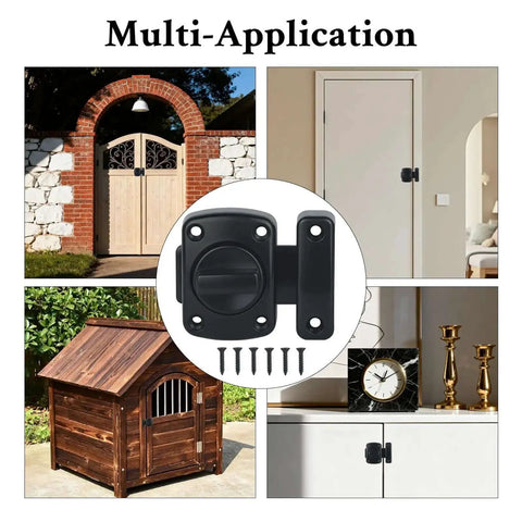 Two Pack Heavy Duty Rotating Bolt Latch With 180 Degree Double Sided Security Slide Lock installed on gates, doors, and cabinets.