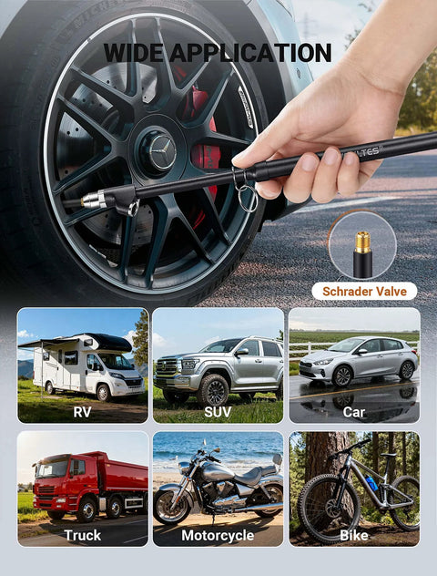 EVOULTES heavy-duty tire pressure gauge with dual heads and Schrader valve, handheld near car tire.