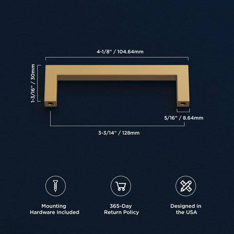 Heritage Designs Contemporary Cabinet Pull 3-3/4 Inch Center to Center Brushed Brass Finish with size details and features