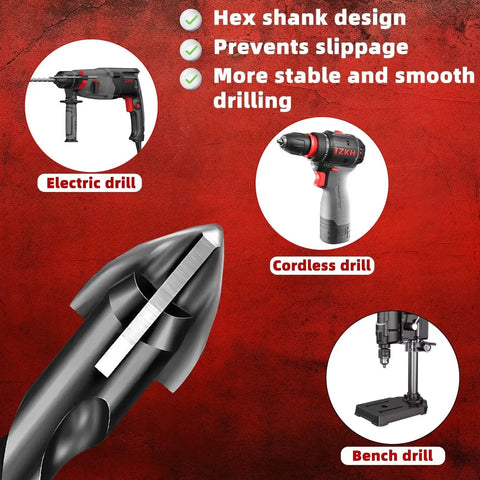 Close-up of a masonry drill bit with hex shank design, suitable for use with electric, cordless, and bench drills.