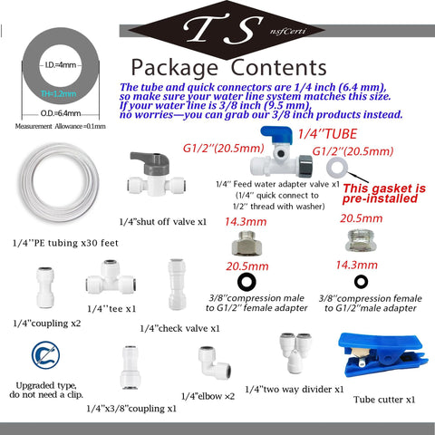Water line tubing and push-to-connect fittings kit by TSnsfCerti for RO systems, 30 ft tubing, 11 connectors.