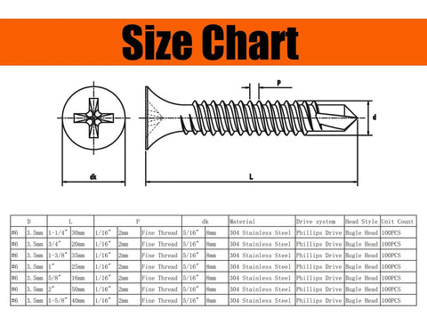 Size chart for 100 Pack Size Six Drywall Screws 1-1/4 Inch High Hardness Stainless Steel 304 Fine Thread Phillips Drive Bugle Head