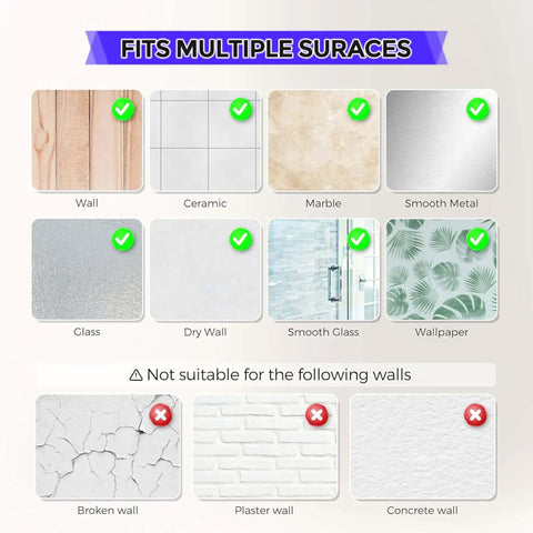 Diagram showing surfaces compatible with 16 Pack 2 Inch Round Clear Silicone Door Knob Wall Protectors and incompatible surfaces.