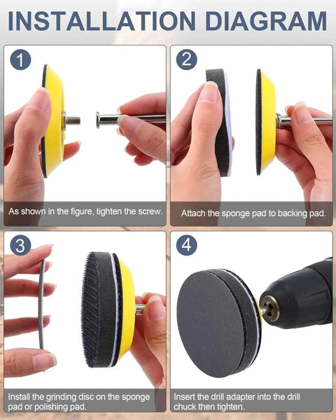 Installation steps for All In One 261 Piece 3 Inch Sanding Discs Kit With Wet Dry Sandpaper Sheets Grits 60 To 10000 Carbide Hook.
