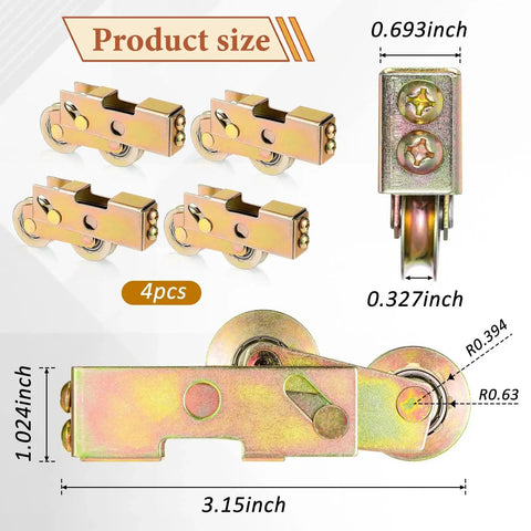 Replacement 4 Pack 1-1/4 Inch Sliding Door Rollers with steel ball bearings, showing dimensions and details