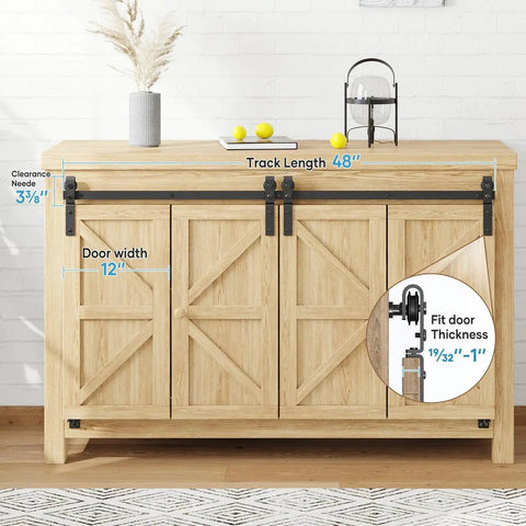 4 Ft Cabinet Bi-Folding Sliding Barn Door Hardware Track Kit For 4 Doors, Easy Install, shown installed on wooden cabinet.