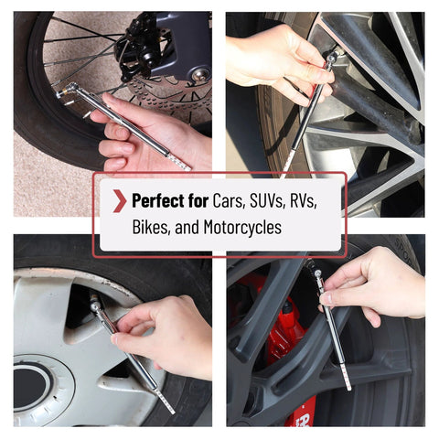 UNCO pencil tire gauge, 2-pack, metal body, 10–75 PSI, used on car tires; front, side, close-up views