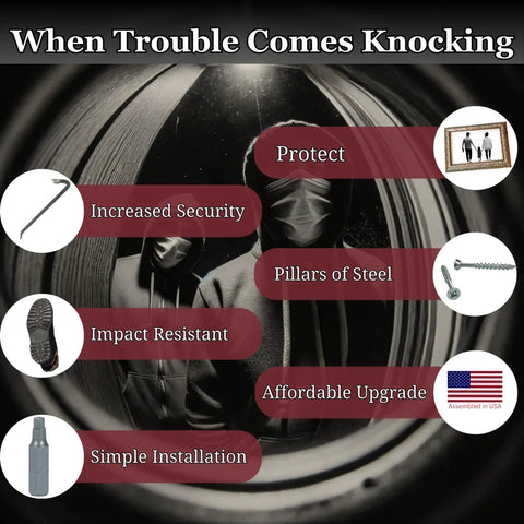 Peephole view of masked figures with security highlights; Increased Security, Impact Resistant, Protect, Simple Installation.