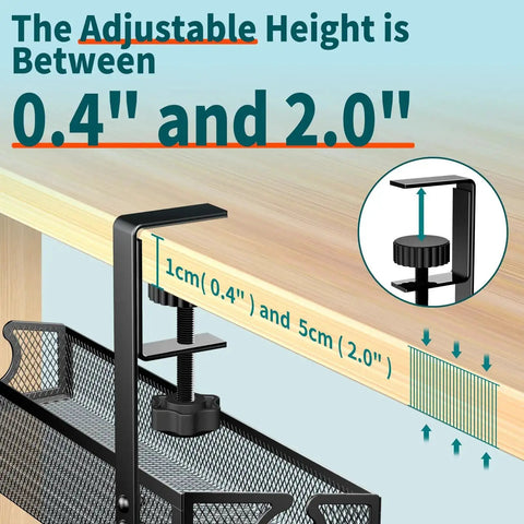 No Drill Desk Cable Tray With Clamp showing adjustable clamp height from 0.4 to 2.0 inches for under desk wire management in black