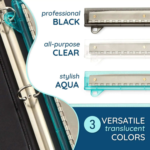Set Of 3 Flat Hole Punch For Binder With Portable Ruler Easy To Use 3 Ring Binder Punch And Ruler Combo in black, clear, aqua