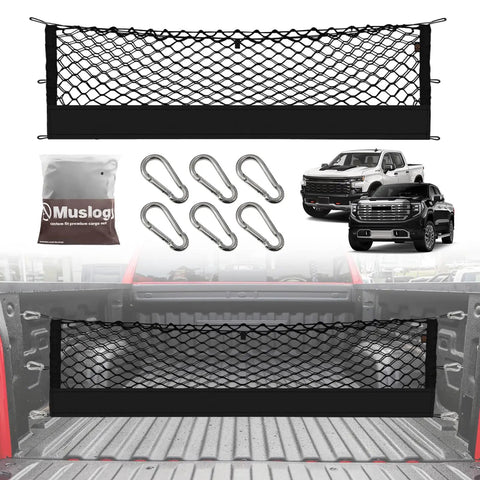 Truck Bed Cargo Net For Chevy Silverado And GMC Sierra 2019 To 2025 Custom Fit Envelope Style Storage Organizer with carabiners and LockNflex material.