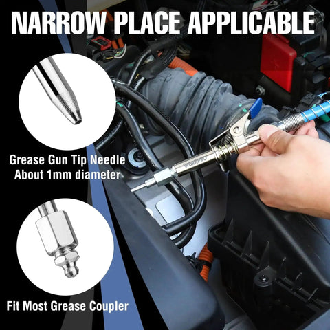 Grease Gun Coupler Set with Quick Release and 12-Inch Hose 10,000 PSI Locking Zerk Connection Needle Tip 1 Eighth NPT in use