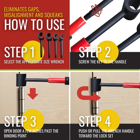4 In 1 Door Hinge Wrench Set Red Heavy Duty Adjustment Tool With 10 Inch Handle for hinge alignment and installation steps