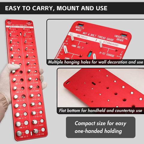 Nut And Bolt Thread Checker For Standard And Metric Thread Sizes Screw Size Identifier Gauge That Quickly Sorts Out Up To 28 Bolts And Nuts In Red By GIMYUAN showing front view with hanging holes and flat bottom.