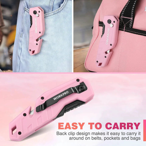 Folding Utility Knife With Quick Change Pink Handle And 10 Extra Blades shown clipped onto jeans and a bag