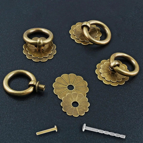 Four Pack Bronze Metal Ring Pull Handles for Cabinets and Drawers 1.2 Inch Diameter Circle Cabinet Knobs with Dual Mounting Screws