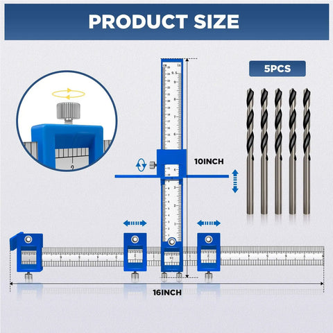Cabinet Hardware Jig For Handles, Knobs, And Pulls, Pro Grade Punch Locator Drill Guide Template with 5 drill bits shown