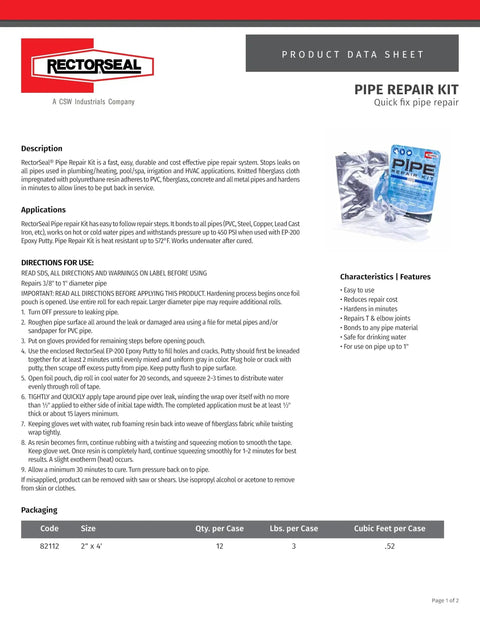 RectorSeal product data sheet for Easy Patch Pipe Repair Kit for 1 Inch Pipes, showcasing features and application details.