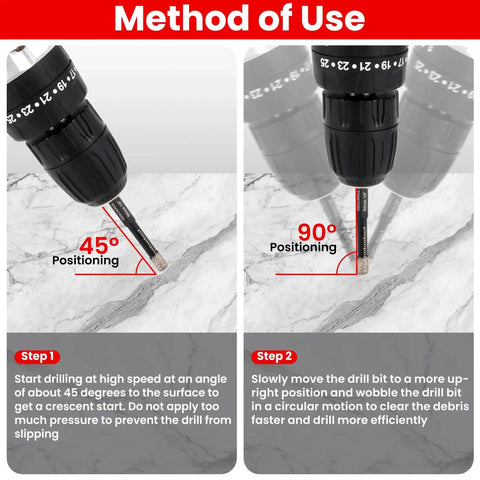 Instructions for using Diamond Drill Bits Set For Ceramic Tile Glass Granite Marble Brick Stone Five Piece Pack with angle positioning.
