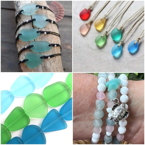 Assorted sea glass jewelry pieces including bracelets, pendants, and beads in various colors, displayed on wood and fabric.