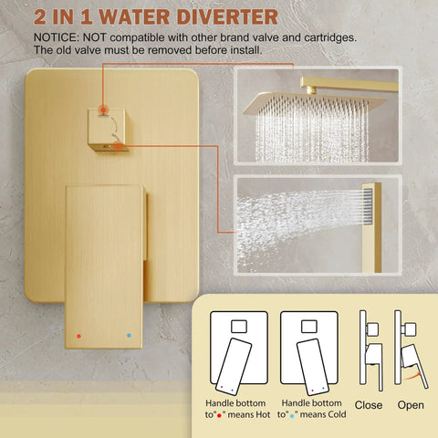 Gold Shower System With 10 Inch Rain Showerhead And Handheld Spray, Wall Mounted High Pressure Shower Head Set Including Valve