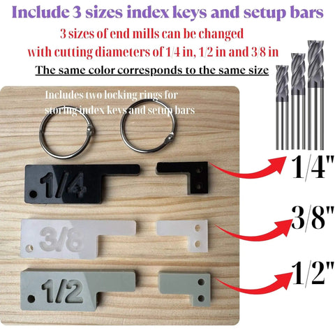 Box Joint Jig For Router Table With 3 Size Index Keys 1/4, 3/8, 1/2 Inch, clear acrylic setup bars, locking rings, end mills