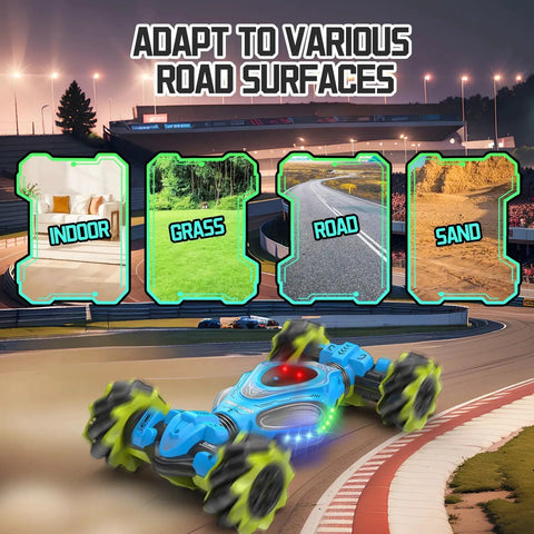 Gesture Sensing RC Epic Stunt Car 1 12 Scale 4WD on track, adaptable to indoor, grass, road, sand surfaces, highlights terrain versatility.