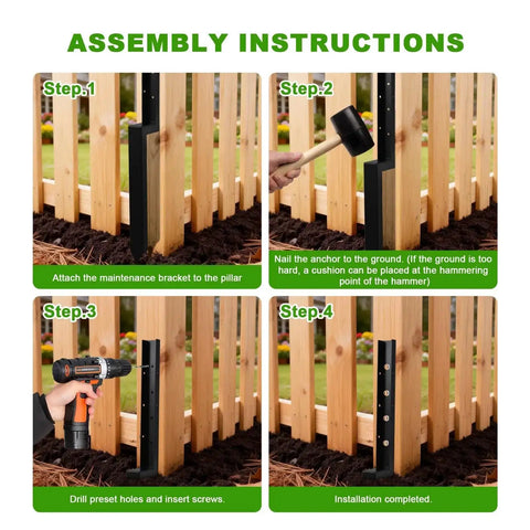 Assembly instructions for Heavy Duty Fence Post Repair Kit 2 Inch Width Ground Spike Anchor For Wooden Posts 34 Inch Total Length 8 Pack