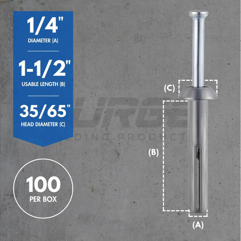1/4 Inch By 1-1/2 Inch Stainless Hammer Drive Nail In Concrete Anchor With 304 Stainless Steel Nail, Mushroom Head Anchor