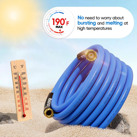 SPECILITE blue 50 ft x 5/8 in garden hose with 3/4 in brass fittings, flexible rubber, -50°F to 190°F.
