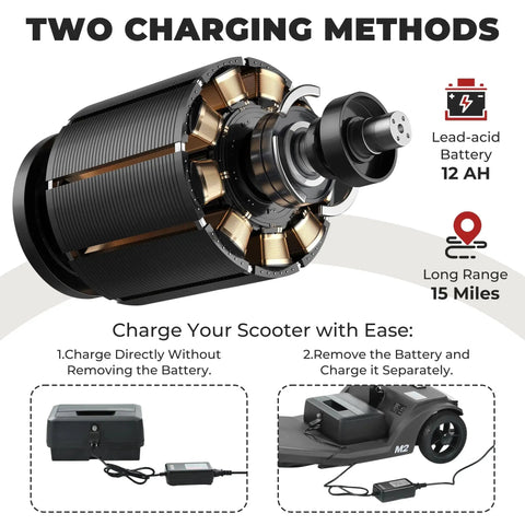 Metro Mobility four-wheel powered mobility scooter motor cutaway in black with two charging method diagrams.