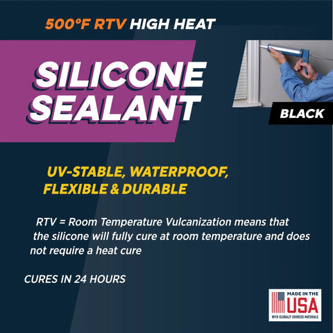 Silicone sealant, black, 500°F RTV high-heat; UV-stable, oil resistant; USA-made; shown being applied with a caulking gun