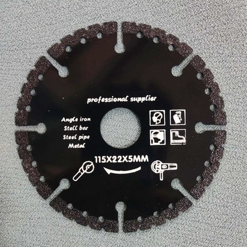 Close-up of a 115mm diamond cutting wheel labeled for angle iron, steel bar, pipe, and metal, on textured background.