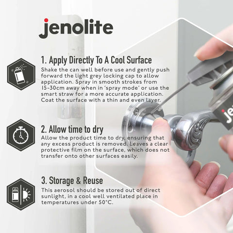 Instructional guide on using aerosol lubricant spray on a door hinge, emphasizing application, drying time, and storage steps.