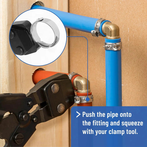 Cinch Clamp Rings Three Quarter Inch Stainless Steel 50 Pack Premium Quality PEX Cinch Clamps For Plumbing Installations shown on blue and orange PEX tubing with crimping tool.