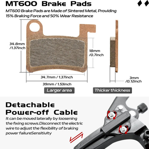 MT600 bicycle brake pads diagram with front/side views, dimensions and detachable power-off cable