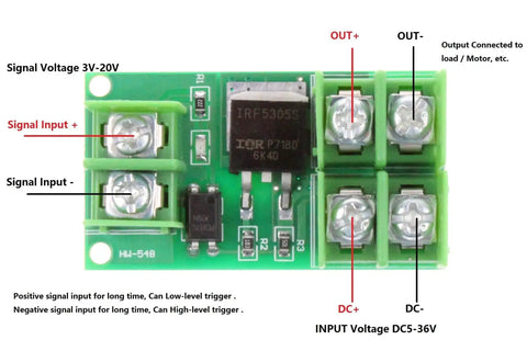 Isolated MOSFET Switch Module Pack of 2 with high low level trigger, showing input-output connections for DC control 5-36V output, 3-24V input