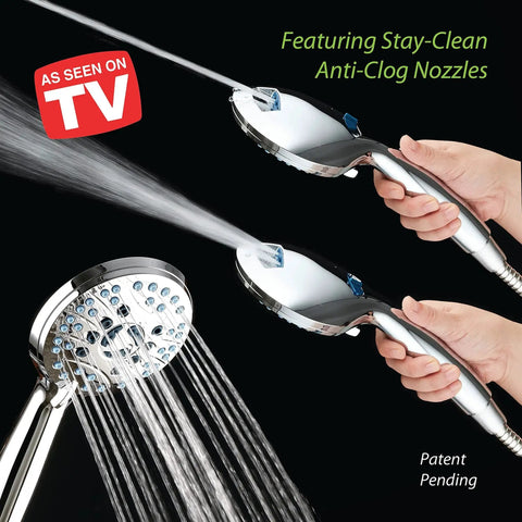 High Pressure 8-Mode Hand Shower With Anti-Clog Nozzles and 6ft Stainless Hose spraying water from nozzles