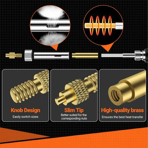 60W Soldering Iron Pro Grade Heat Set Insert Tip Kit components including inserts, tips, connecting rods, and high-quality brass design.